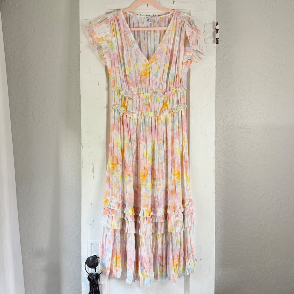 Current Air Anthropologie Floral Smocked Midi Dress XS Pink Yellow Watercolor